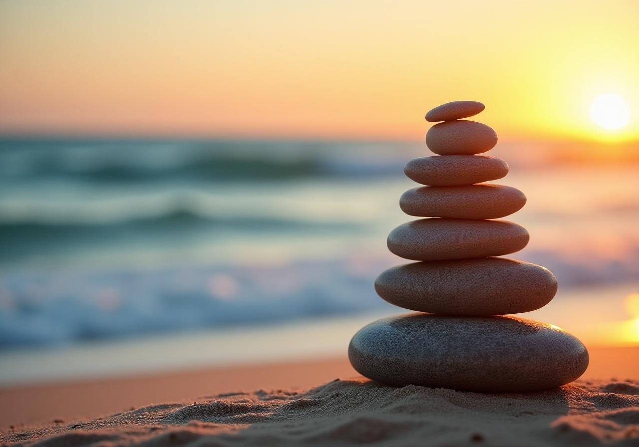 Zen stones perfectly balanced on a South African beach at sunset
