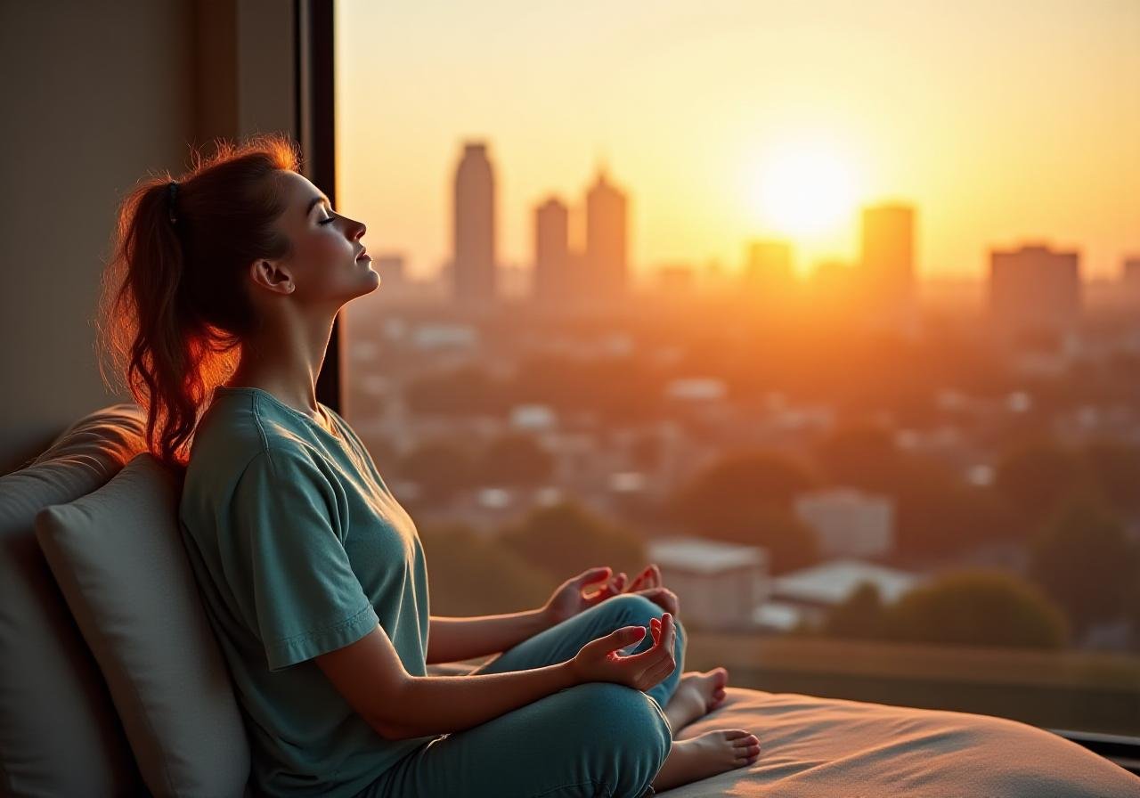 Serene individual practicing mindfulness with Johannesburg skyline in the distance