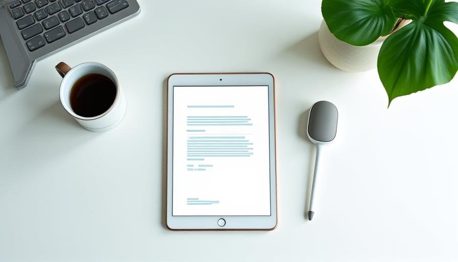 A clean, minimalist desk with a digital tablet showing a contract and a green plant symbolizing growth